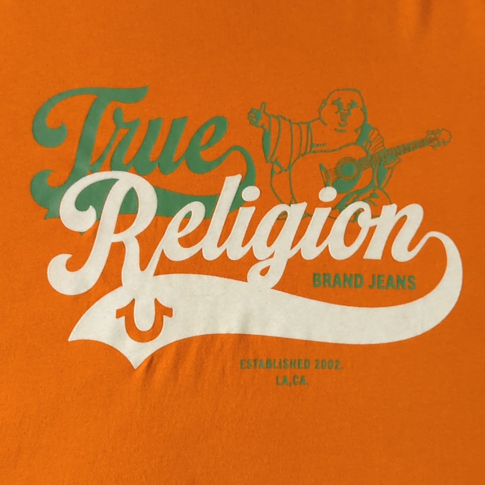 True Religion Mens Orange Graphic T Shirt Buddha Guitar Size 2XL Relaxed Fit - Picture 3 of 9